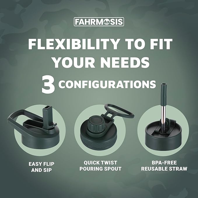 64 Oz Insulated Water Bottle with Strap Stainless Steel Sports Water Bottle with 3 Lids (Straw, Chug and Flip Lid) Leak Proof Metal Half Gallon Jug for Men & Women - Camo