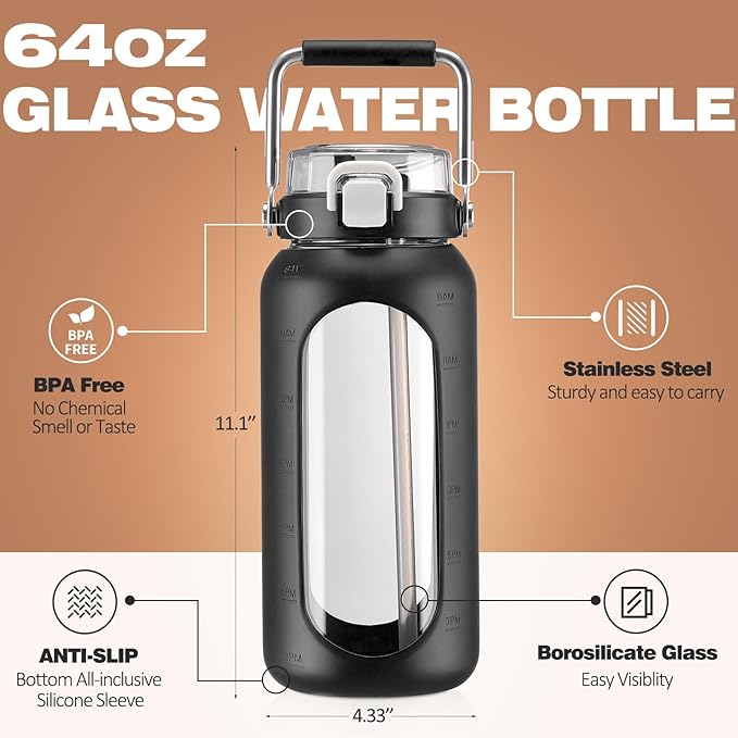 BLUEGO 64oz Water Bottle Glass with Stainless Steel Handle Large Water Bottle with Time Markers and Silicone Sleeve Half Gallon Water Jug BPA Free for Gym Daily Use, Black
