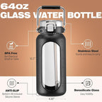 BLUEGO 64oz Water Bottle Glass with Stainless Steel Handle Large Water Bottle with Time Markers and Silicone Sleeve Half Gallon Water Jug BPA Free for Gym Daily Use, Black