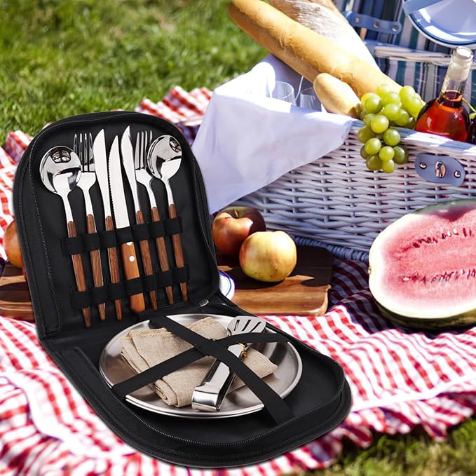 New Wood Grain Handle Tableware Mess Kit Cutlery for 2 Dinnerware Set - 12pcs Stainless Steel Utensils Set with Plate Spoon Fork Serrated Knife Cloth Napkins for 2,Backpacking, Outdoor Hiking Picnic
