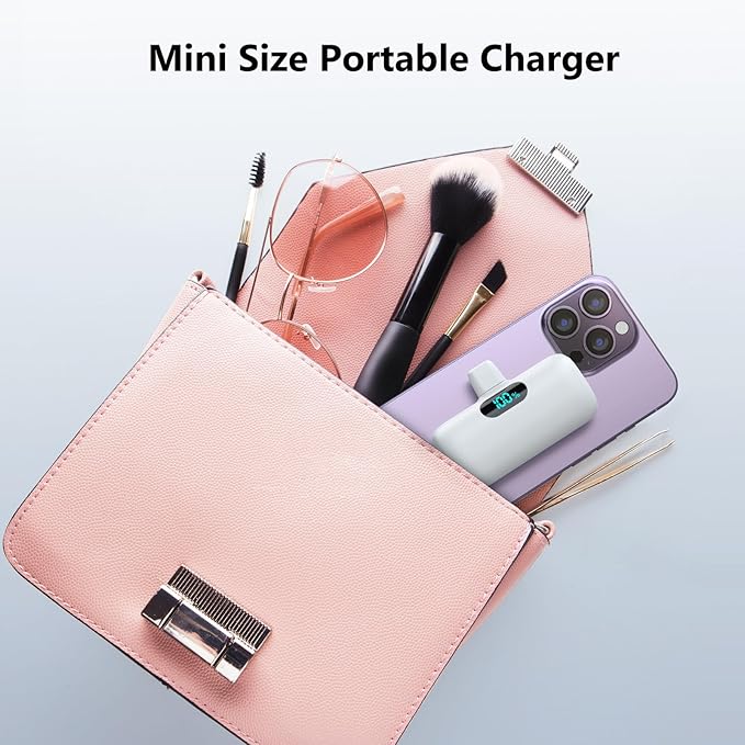 Mini Portable Charger USB C Power Bank,Upgraded 5000mAh PD Fast Charging Battery Pack Built-in USB-C Connector,LCD Display,Compatible with iPhone16,16 Plus,16Pro/Max/15,iPad Pro/Air (Cool White)