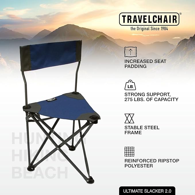 Travel Chair Ultimate Slacker, Quick Folding Tripod Stool with Backrest, Fishing Camping Hiking Chair with Carry Strap, Polyester, Blue