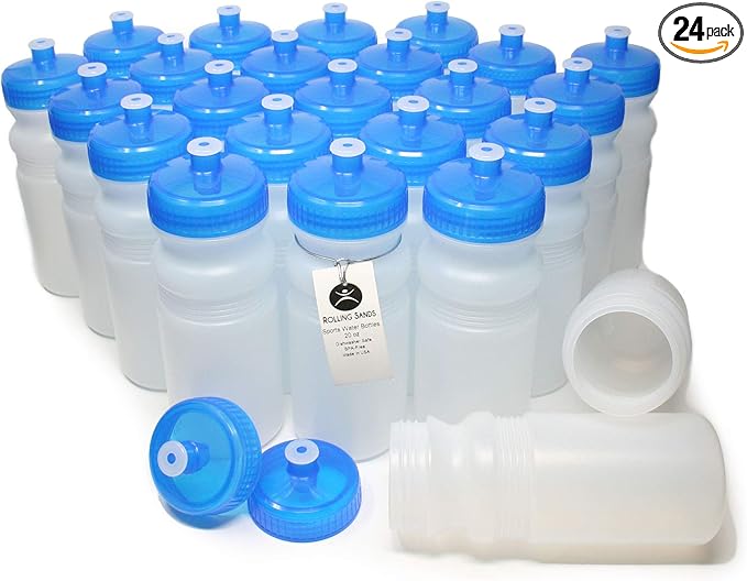 Rolling Sands USA Made 20 Ounce Sports Water Bottles - 24-Pack Bulk BPA-Free Blank Sports Bottles for Teams & Classrooms - Clear Frost Bottle/Blue Lid, No Smell No Taste