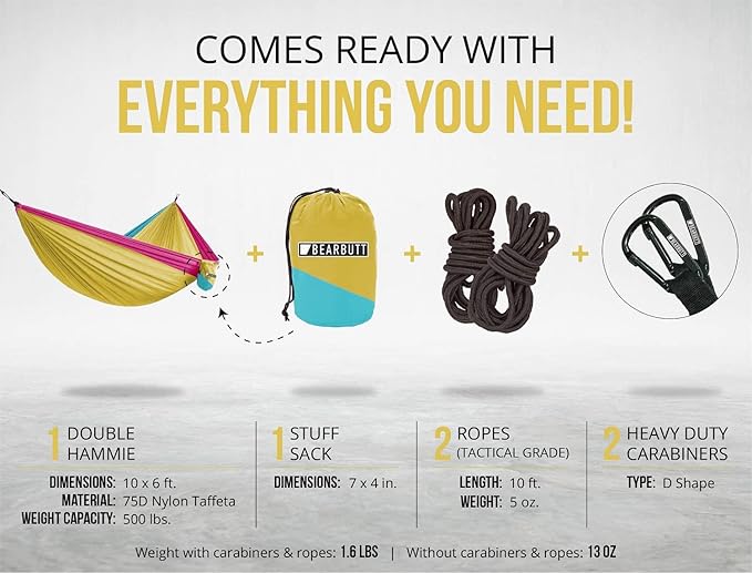 Bear Butt 2 Person Portable Hammock - Backpacking to Camping - Double Hammock for Travel & Outdoor