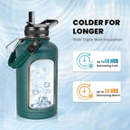 Insulated Water Bottle 64 oz, Triple Wall Vacuum Stainless Steel (Cold for 48 Hrs), Leak Proof & Non-BPA, Half Gallon Water Flask Jug with Paracord Handle & Straw Spout Lids, Dark Green