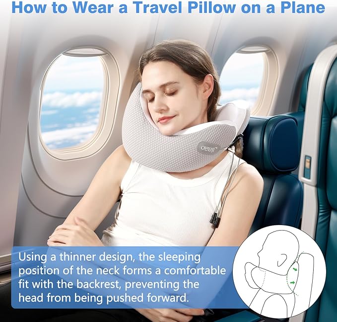 Neck Pillow Airplane, 2025 Upgraded Memory Foam Travel Pillow for International Flights, Adjustable Clasp, Storage Bag, Advanced Neck Support for Road Trips, Home, Office, and Gaming