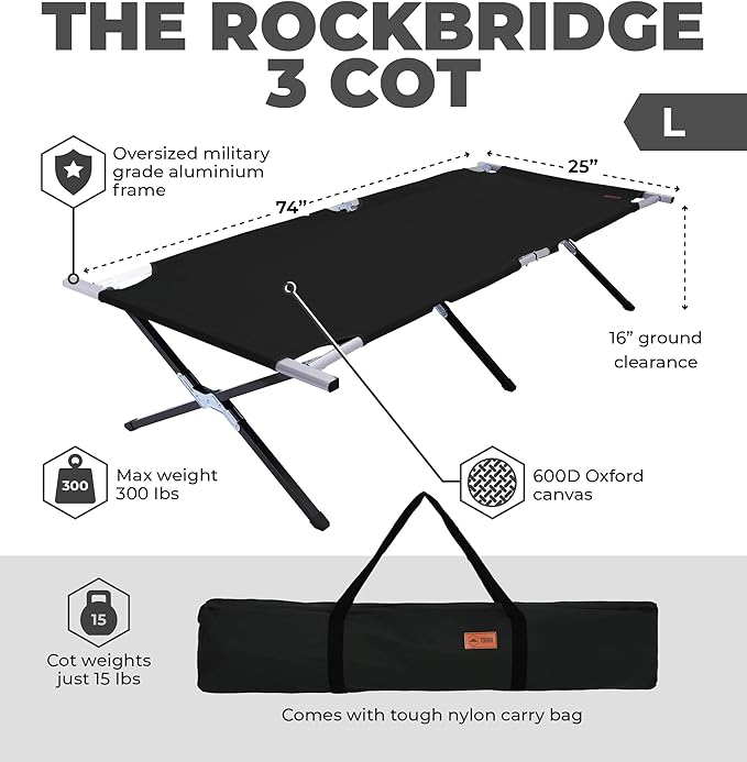 Tough Outdoors Camping Cot for Adults - Oversized Camping Cot - Durable Heavy Duty Military Bed - Elevated Foldable Cot & Camp Cots for Adults - XL Cot up to 300 lbs - w/Organizer & Storage Bag