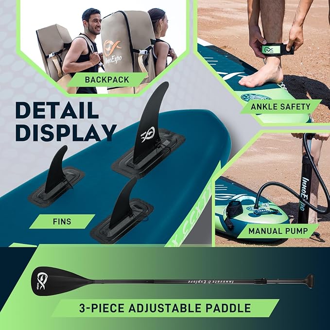 InnoExpo 11' Inflatable Stand Up Paddle Boards with Premium Accessories, Wide Stable SUP Paddle Board Design, Non-Slip Comfort Deck for Youth & Adults