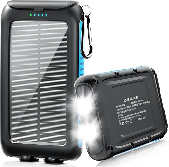 Solar Power Bank 49800mAh Portable Solar Phone Charger with LED Flashlight/15W Fast Charge USB C Waterproof External Backup Battery Pack for All Cell Phones & Electronic Devices