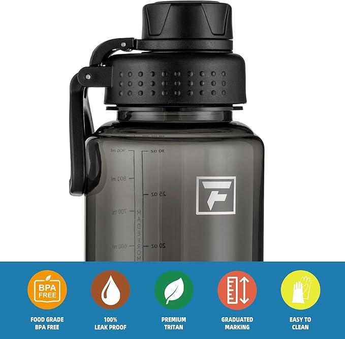 Fanhaw 32 oz Clear Water Bottle with Fast-Flow Spout Lid, BPA-Free Tritan, Wide Mouth, Leakproof, Reusable Bottle for Gym, School, Office, Travel (Black)