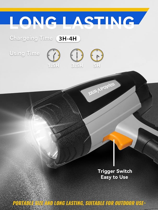 Durapower Rechargeable Spotlight, 500 Lumens LED Spotlight Flashlight, IPX2 Waterproof Handheld Spot Light for Indoor Outdoor Farm Camping Emergency (Grey)
