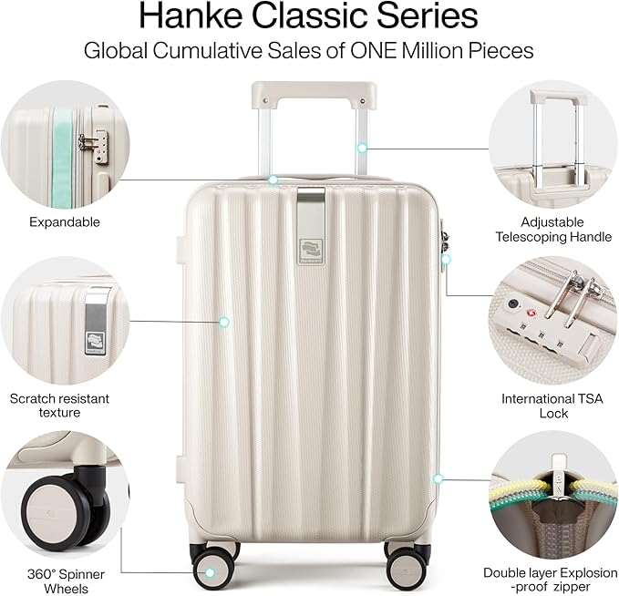 Hanke Expandable Hardshell Luggage Sets 3 piece Carry on Luggage with Wheels Suitcases Lightweight Checked Travel Luggage Rolling Large Suitcase Travel Luggage Bag Woman Men 20/24/29 Inch(Ivory White)