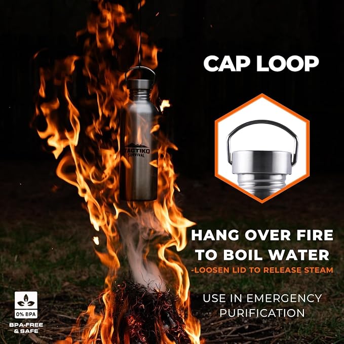 Tactiko Survival Stainless Steel Wide Mouth Water Bottle, Single Wall Boil-Safe, Leakproof, BPA-Free with Carry Sleeve and Strap for Camping, Hiking, Outdoor Prep (Black, 34 oz / 1000 ml)