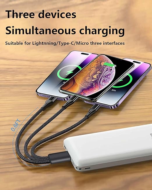 Multi USB C Cable 0.6FT 2Pack, 3 in 1 Multiple Type C Charging,3A Splitter USB-C Charging, Black Nylon Cord,USB C to 3 USB C Port, Compatible with iPhone 15,iPad Pro,Samsung S24,Google,Android,Kindle