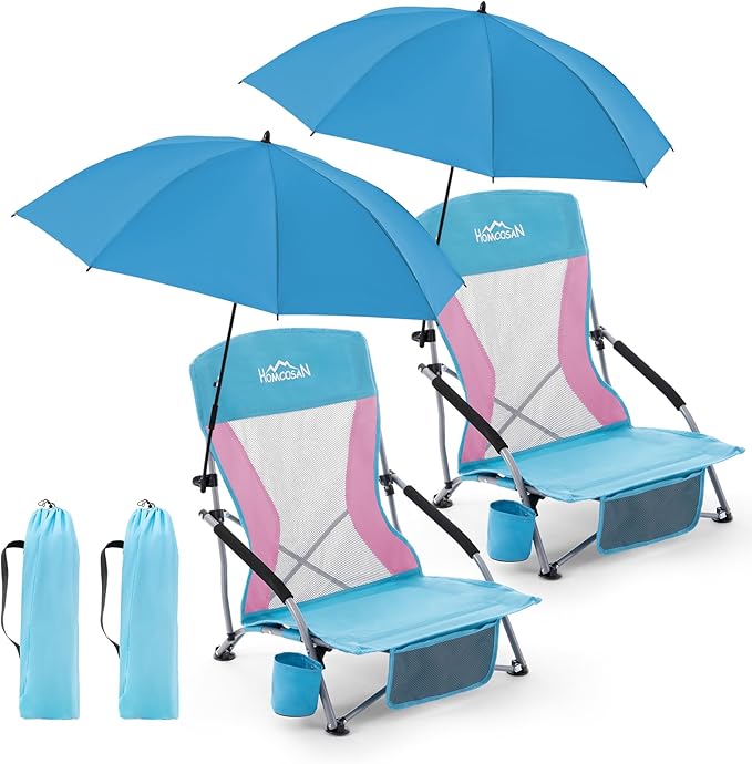 Homcosan Portable Low Folding Beach Chairs Set of 2 with Detachable Umbrellas - Lightweight Camping Chairs for Adults with Cup Holder & Storage Pockets, Carry Bag Included (Blue & Pink)