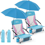 Homcosan Portable Low Folding Beach Chairs Set of 2 with Detachable Umbrellas - Lightweight Camping Chairs for Adults with Cup Holder & Storage Pockets, Carry Bag Included (Blue & Pink)