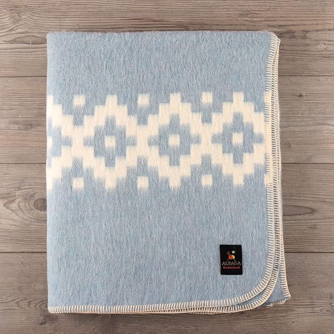 Thick Alpaca Wool Blanket Heavyweight Camping Outdoors Indoors Soft Peru King Size Ethnic Design (Soft Blue - Ivory, King Size)