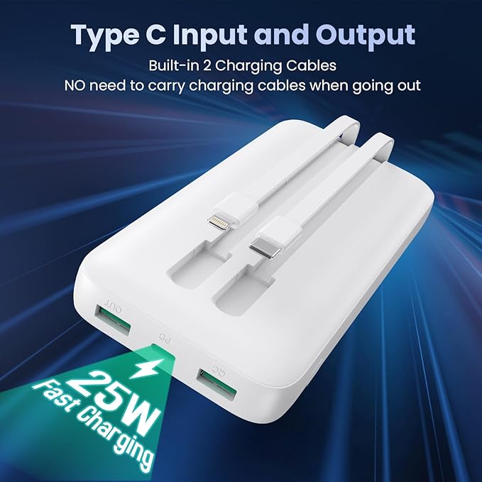 Portable Charger 40,800mAh Power Bank, 25W PD QC 4.0 Fast Charging Portable Phone Charger with Built-in Cables,LCD Display USB C Battery Pack Compatible with iPhone 16/15/14,Android Samsung (White)
