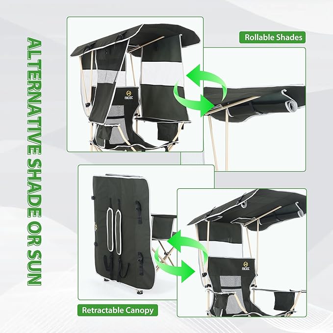 Nice C Chair with Canopy, Umbrella Chairs, Chair with Shades, Sports Chairs, w/Removable Footrest, Cooler Bag, Cup Holder for Camping, Fishing, Sports, Beach (1-P Green)