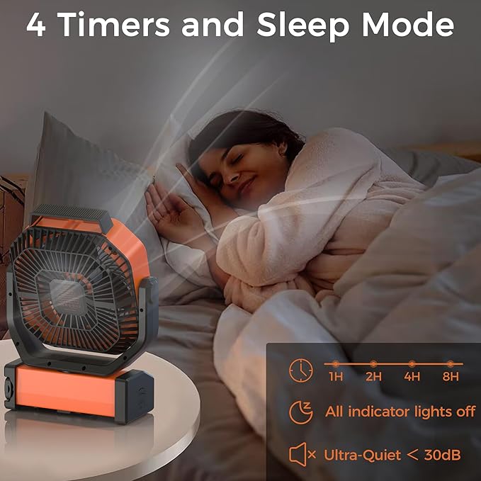 Camping Fan with Light - 20000mAh Rechargeable Battery Fan, 112Hrs Max Run Time, 8 Speeds, Digital Display, Timer, Auto Oscillation, 270° Pivot & Hook for Camping, Power Outage, Hurricane (Orange)