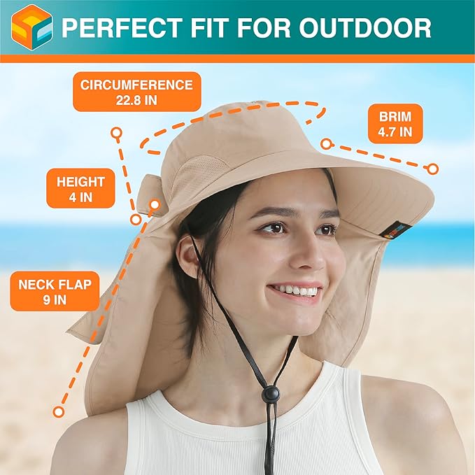 SUN CUBE Wide Brim Sun Hat with Neck Flap, UPF50+ Hiking Safari Fishing Hat for Men Women, Sun Protection Beach Hat