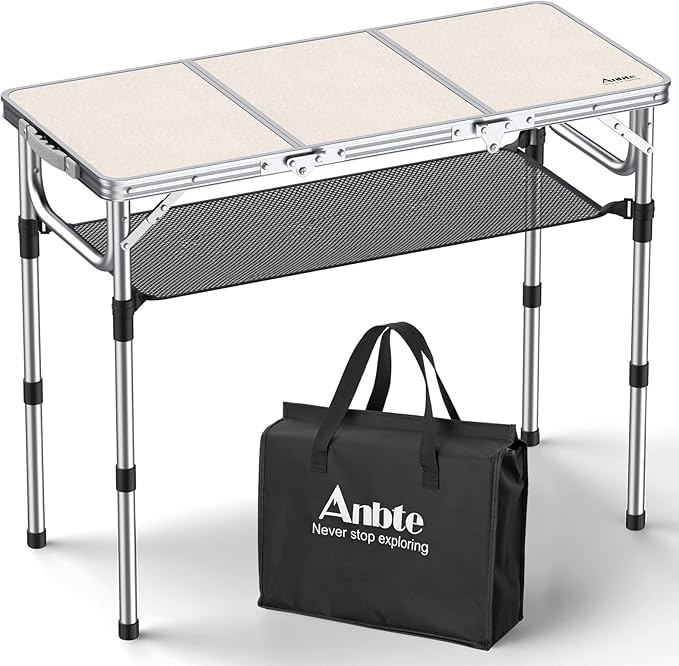 Folding Camping Table with Storage Net, 3ft Camping Table Aluminum Folding Table with 3 Adjustable Height Max 27.1 Inch, Portable, for Outdoor Backyard BBQ, Silver