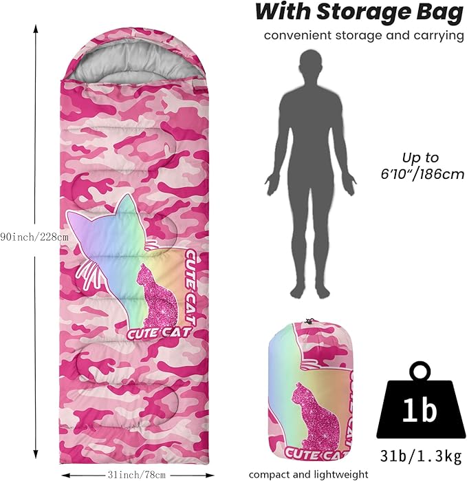 Sleeping Bags for Adults Youth Kids,3D Printing Camping Sleeping Bag for Girls Boys Lightweight Waterproof Cold/Warm Weather Sleeping Bag for 3 Seasons