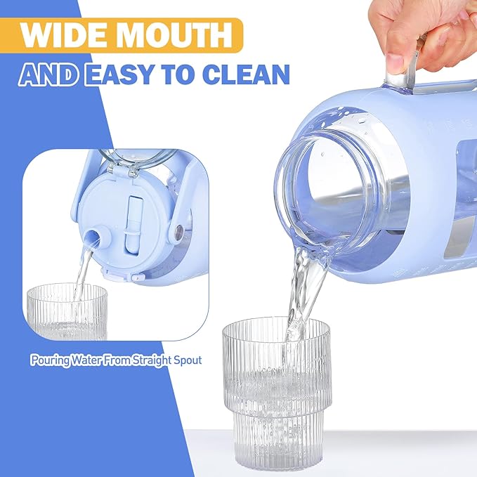 BLUEGO 64 oz Glass Water Bottle with Straw, Tumbler, Half Gallon, BPA Free, Light Blue, Sports, Daily Use, Travel, Hiking, Running, Cycling, Fitness