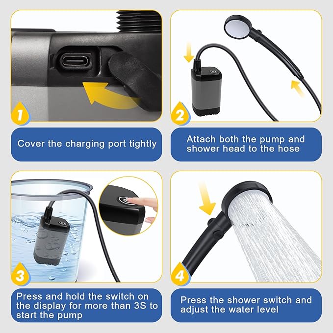 Fohil Portable Shower for Camping, 6000mAh Rechargeable Portable Outdoor Shower with Digital Display, IPX7 Waterproof Outdoor Camp Pump for Camping, Beach, Hiking, Travelling, Pet Cleaning