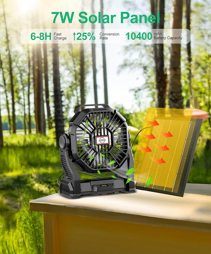 CONBOLA Solar Fans for Outside,Camping Fan, Portable Fans Rechargeable 9-Inch Battery Powered (180Hrs) LED Lantern, USB C Battery Beach Fan.