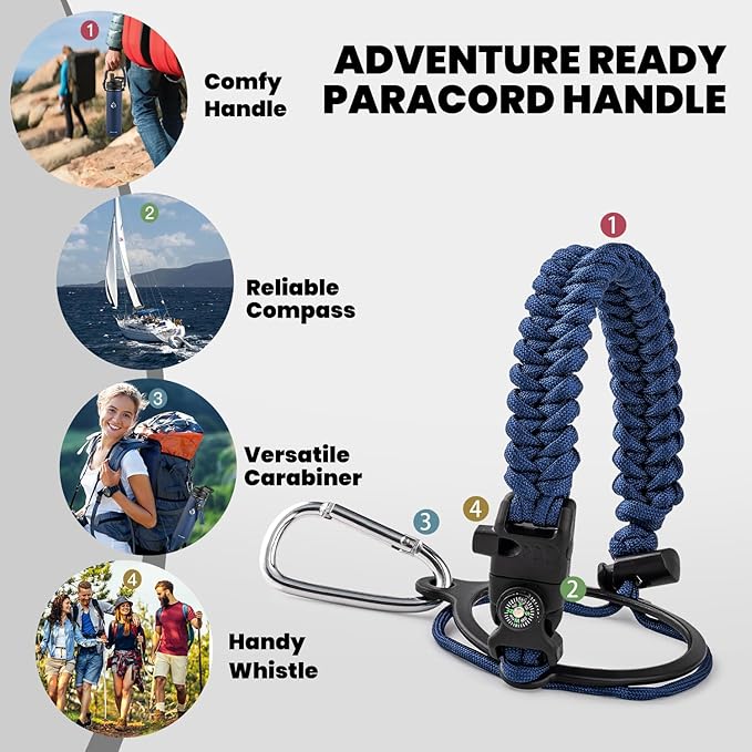 Insulated Water Bottle 24oz, Triple Wall Vacuum Stainless Steel (Cold for 48 Hrs, Hot for 24Hrs), Leak Proof & Non-BPA, 24oz Hydro Water Flask with Paracord Handle & Straw Spout Lids