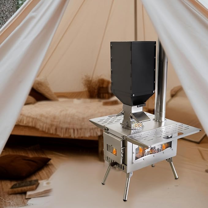 Outdoor Camping Stove Accessory Pellet Bin with Burner for Tent Stove (Black)