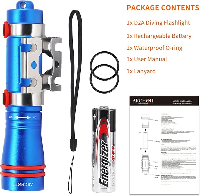 ARCHON D2A Small Diving Flashlight, Dive Headlamp Waterproof Flashlight Blue Backup Light with Stainless Steel 316 Face Mask Clip for Underwater Lighting