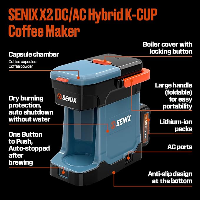 SENIX Coffee Maker Single Serve, Portable, 2-in-1 20V 5.0 Ah Battery, Charger & Power Cord, Compatible with K-Cups, Ground, Pods, 8oz Brew Size - for Travel, Camping, To-Go, Job Site, Home (CMX2-M4)