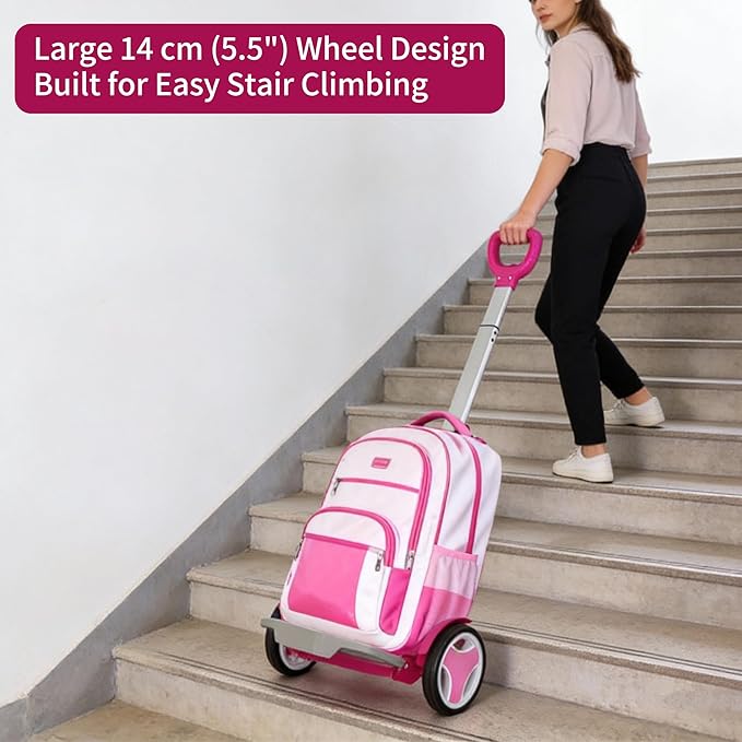 Rolling Backpack Cart, Foldable Aluminum Trolley with 3-Height Adjustable Handle, Lightweight All-Terrain Backpack Carrier for Travel, Commuting & Daily Use – Rose Pink, Quiet Large Wheels