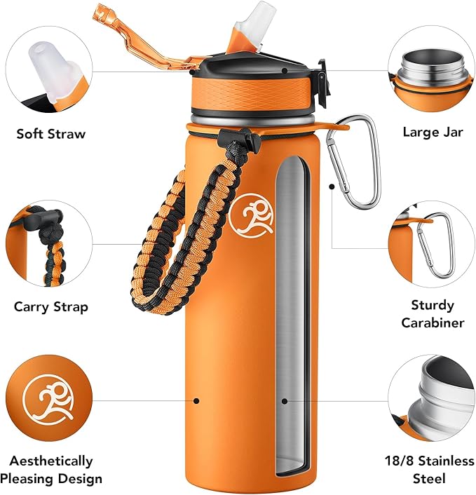 GOSWAG Insulated Sports Water Bottle, 24oz 2 Lids(with Straw/No Straw), Stainless Steel Water Bottles with Paracord Handle, Insulated Bottle with Double-Wall Vacuum Insulation