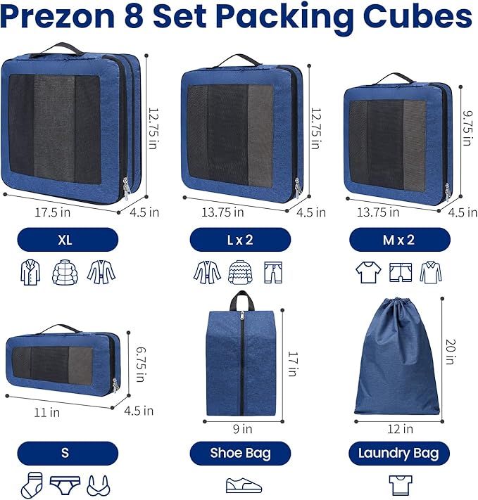 8 Set/6 Set/4 Set Compression Packing Cubes for Travel, Lightweight Vacation Travel Essentials, Travel Accessories for Suitcase Organizer Bags Set, Durable Luggage Organizer