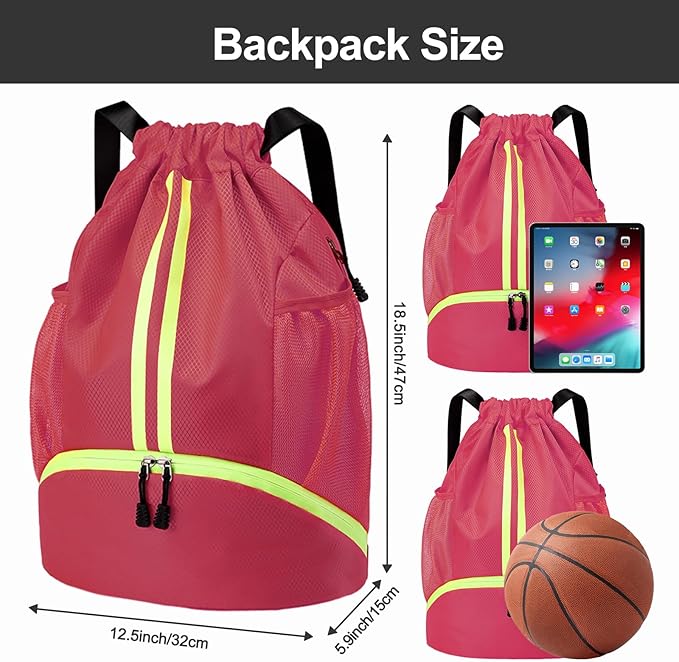 Hoedia Sports Drawstring Backpack - String Swim Gym Bag with Shoes Compartment and Wet Proof Pocket for Women/Men (Pink)