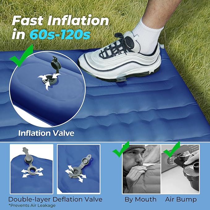 Double Sleeping Pad for Camping, 5" Extra-Thick Inflatable Camping Pad 2 Person with Built-in Foot Pump,Comfort Camping Mat with Pillow, Lightweight Sleeping Mat, Supports Up to 800 lbs-Blue