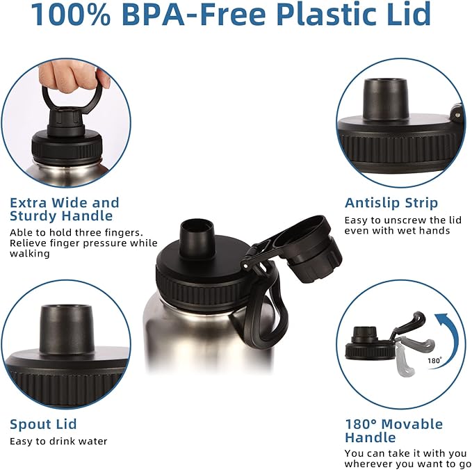 Volhoply 40 oz Insulated Water Bottles Paracord Handle, Stainless Steel Bottle with Spout Lid, Double Walled Metal Travel Water Cups with Wide Mouth, Reusable Water jug for Adults (Silver,1 Set)