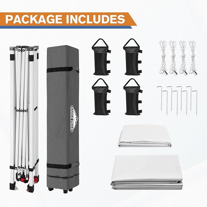 EAGLE PEAK Pop Up Canopy Tent with 1 Sidewall, Easy Setup Event Tent, Outdoor Sun Shade, Wheeled Carry Bag, Stakes and Guy Ropes, Instant Canopy 10x10, White