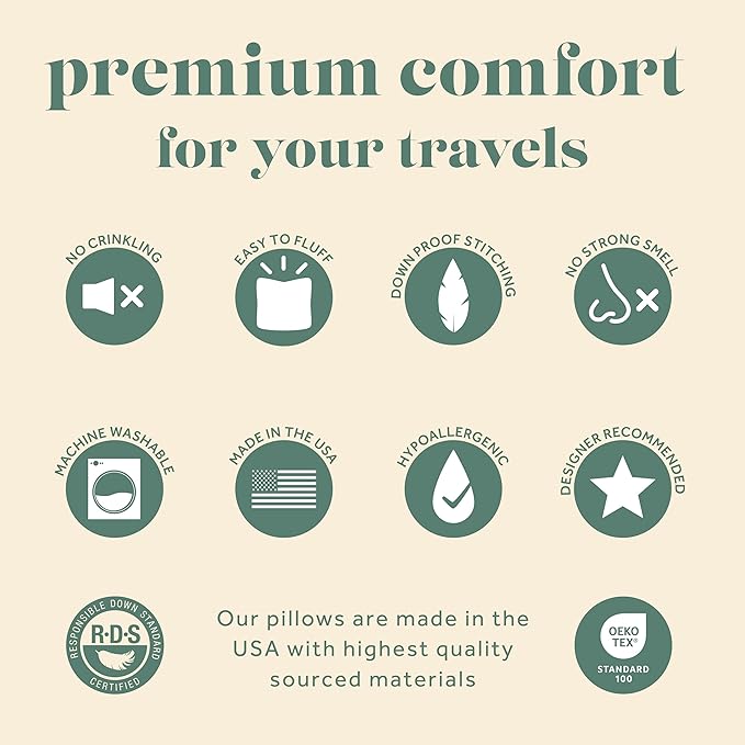 ComfyDown Goose Down Travel Pillow - Filled with 800 Fill Power European Goose Down, Egyptian 300 Thread Count 100% Cotton Cover for Plane car & Home - Made in USA (13" x 18")