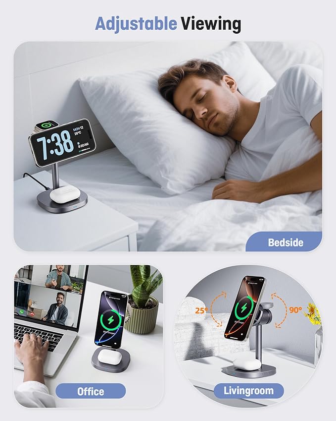 2026 New Magnetic Wireless Charger Stand with TEC Active Cooling, 15W Qi2-Certified 3 in 1 Charging Station for Apple Charger Stand, Wireless Charger for iPhone17/16/15/14/13/12, Apple Watch, AirPods