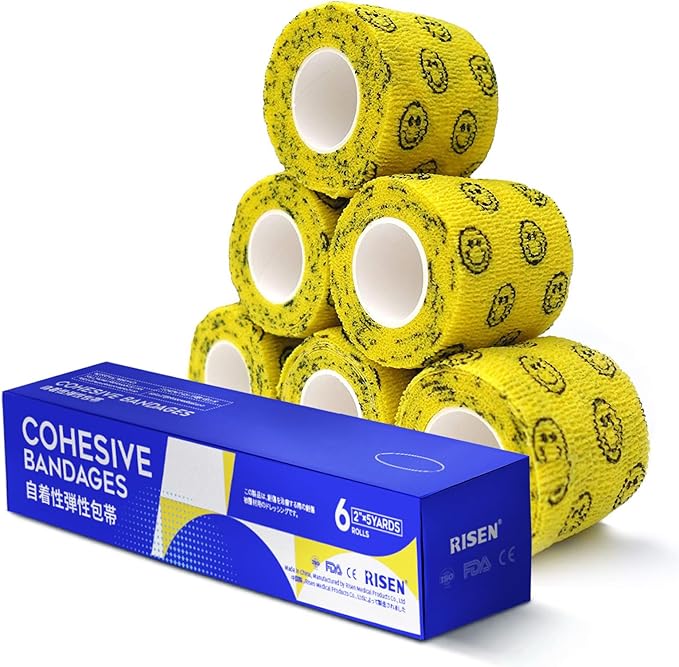 RISEN Cohesive Bandage 2” x 5 Yards, 6 Rolls, Self Adherent Wrap Medical Tape, Adhesive Flexible Breathable First Aid Gauze Ideal for Stretch Athletic