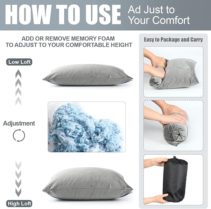 2 Pack Camping Pillow for Sleeping Shredded Memory Foam Travel Pillow with Storage Bag, Compressible Portable Pillow for Outdoor Camp Backpacking Hiking Essential Gear(Grey,Medium)
