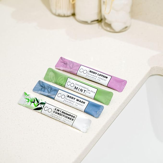 Go Essentials - Bundle Sets (Bamboo Forest and Refreshing Mint, 80 Packets Total (20 of Each)) Travel size mouthwash, shampoo/conditioner, body wash, body lotion.
