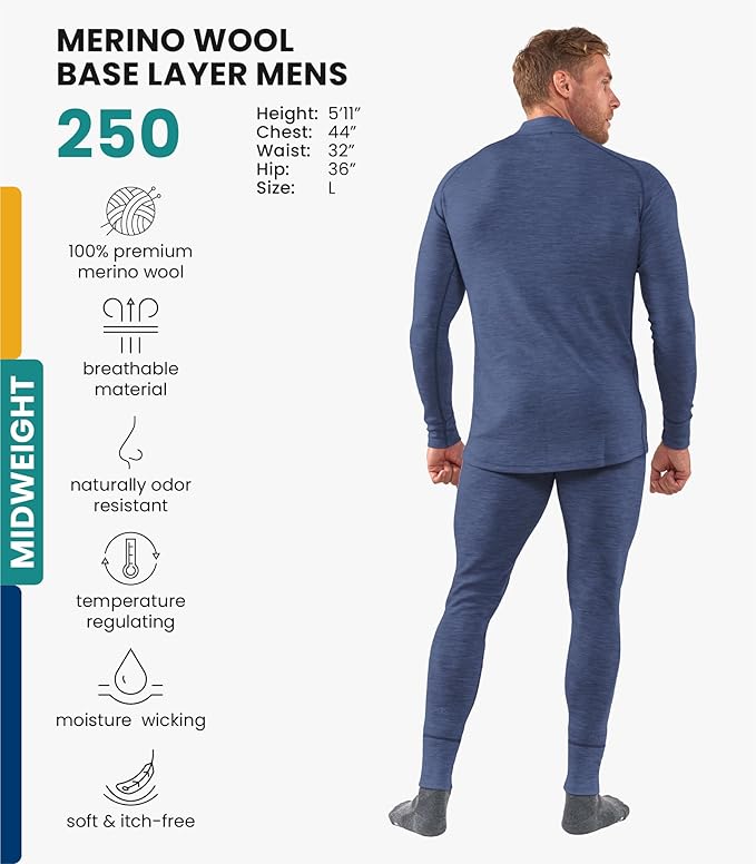 Merino.tech Men’s Merino Wool Base Layer Set – Zip-Up Heavyweight, Midweight Thermal Top & Bottom