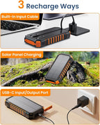 Hiluckey Power Bank Solar Charger 27000mAh Built in 3 Cables Five Outputs 15W Fast Charging Power Bank for All Mobile Devices Solar Portable Charger with Dual Flashlights