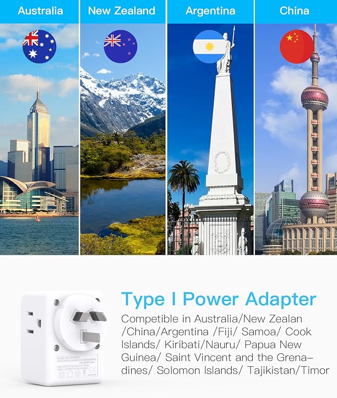 2 Pack Australia New Zealand Power Plug Adapter, Australia Travel Adapter with 3 American Outlets 4 USB Charging Ports (2 USB C), Type I Plug Adapter for US to Australia, Argentina, China