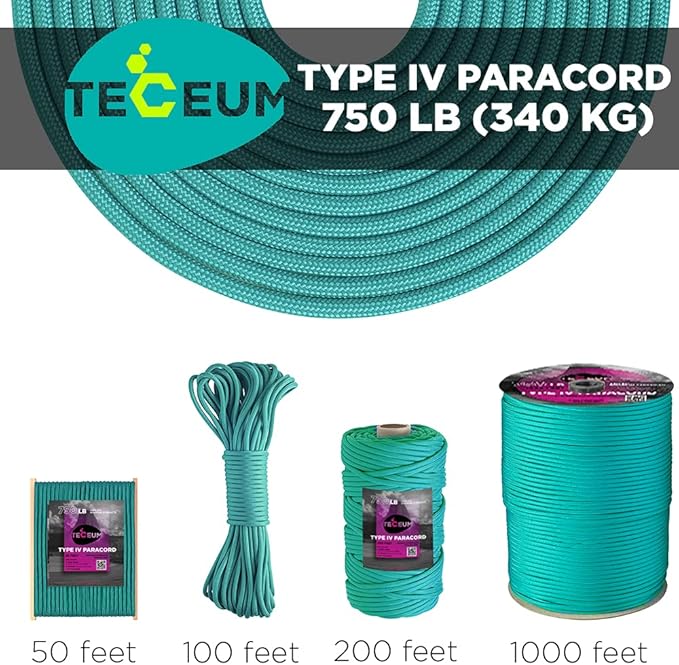 TECEUM 5/32" Paracord Rope 1000 – 1000ft / 200ft / 100ft / 50ft – Tactical Parachute Cord 4mm – 45+ Colors – Nylon String for Survival & Camping Gear – Stripe Cord for Survival – Utility Rope